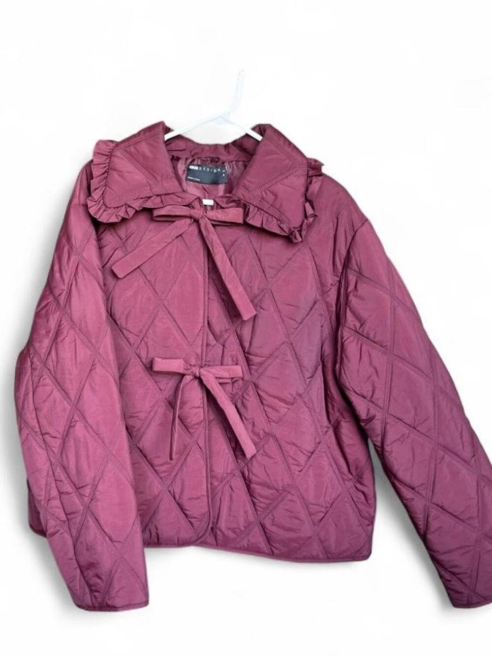 Maroon Quilted Puffer Jacket with Ruffle Collar and Bows